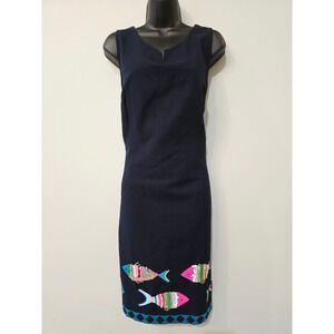 NWT Talbots Womens Navy Blue Embroidered Sequin Fish Shift Dress Size 16